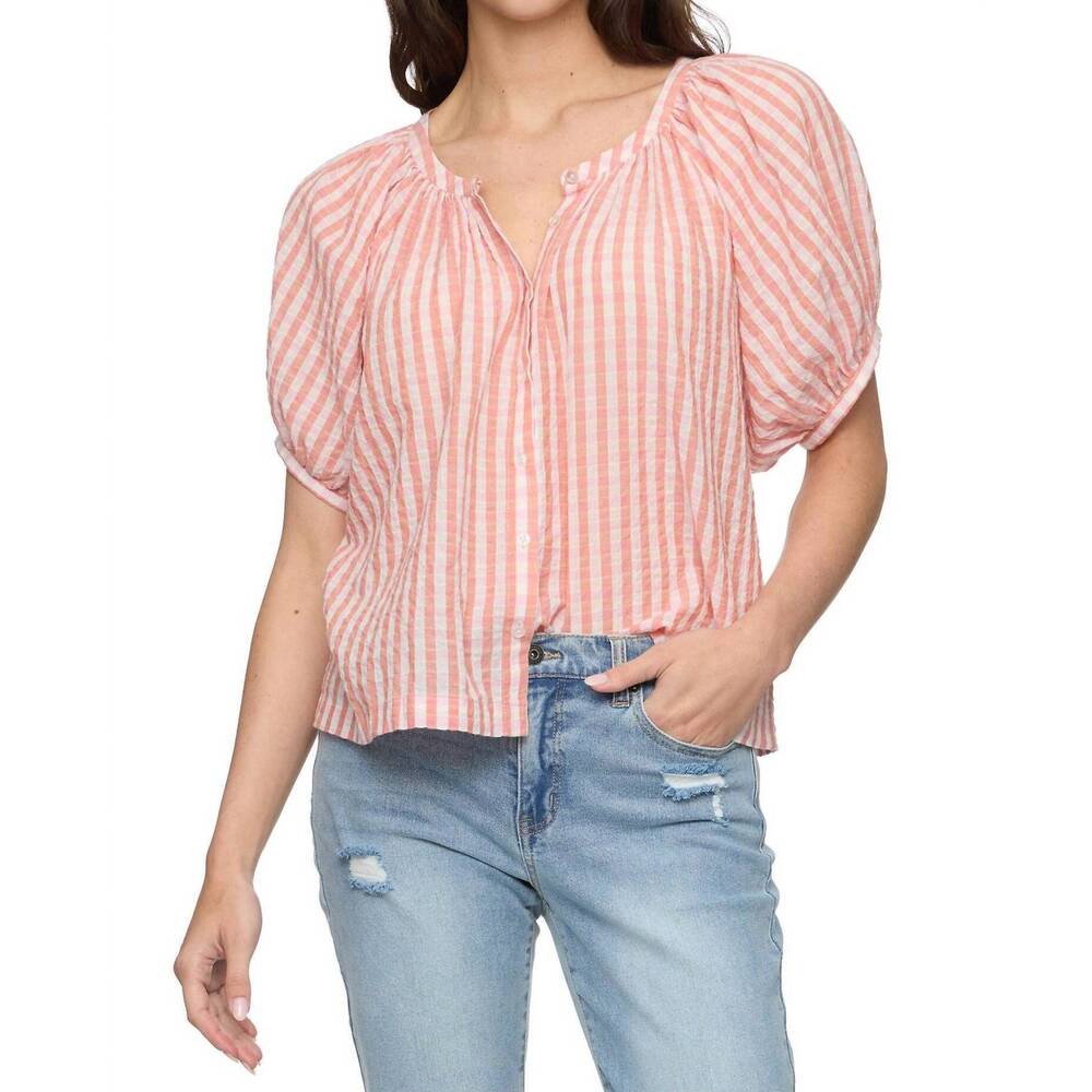 NEW FLAGS & ANTHEM carolina pucker short sleeve button front peasent blouse in p